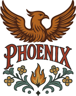 Logo das einen orangen Phönix mit ausgebreiteten Flügeln zeigt. Darunter steht der Schriftzug "Phoenix" und ein Ornament.